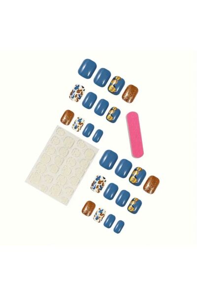 Vanilla Avenue Mavi Altın Sarısı Kare Kısa Parlak Kendinden Yapışkanlı Takma Tırnak 24 Adet
