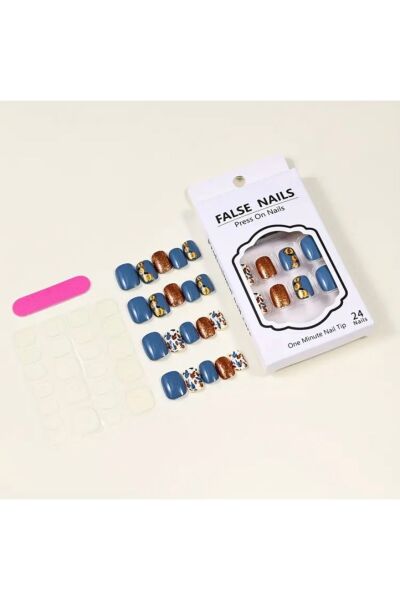 Vanilla Avenue Mavi Altın Sarısı Kare Kısa Parlak Kendinden Yapışkanlı Takma Tırnak 24 Adet