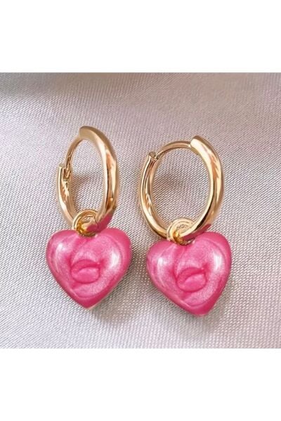 Moon Home Collection Şık Fransız Tarzı Simli Pembe Bombeli Kalp Sallantılı Kadın Küpe Pembe Tek Ebat  Kadın / Kız