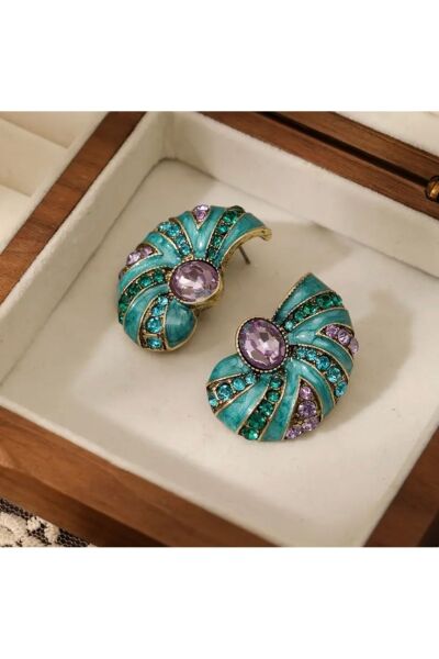 Vanilla Avenue Lüks Vintage Esintili Bohem Yeşilimsi Mor Taşlı Kadın Küpe