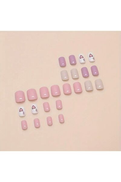 Vanilla Avenue Kısa Kare Tırnak Pembe Mor Kalp Şekilli Kendinden Yapışkanlı Takma Tırnak 24 Adet