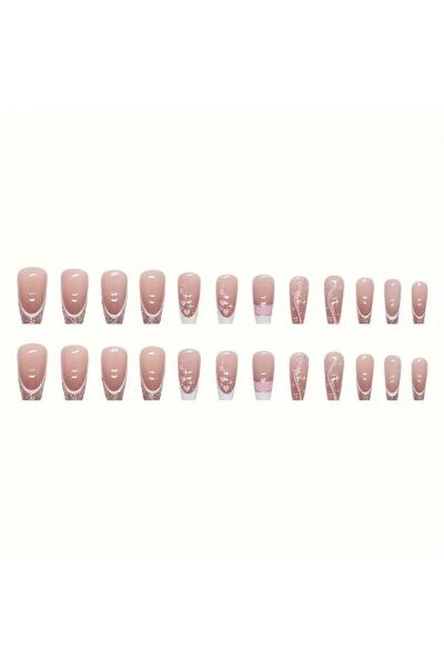 Vanilla Avenue Pembe Beyaz Ay Işığı Kalp Desenli Kendinden Yapışkanlı Takma Tırnak 24 Adet