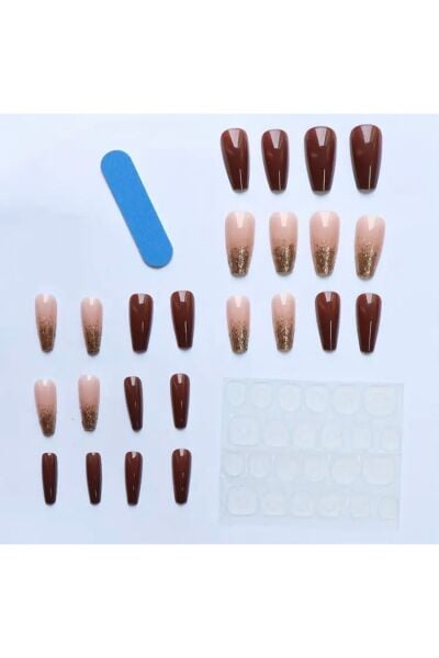 Vanilla Avenue Kahverengi Uzun Altın Sarısı Sim Tozu ile Kendinden Yapışkanlı Takma Tırnak 24 Adet
