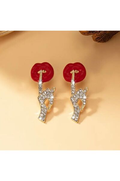 Vanilla Avenue Bohem Kırmızı Dudak Şeklinde Işıltılı Taşlı Günlük Kullanım Kadın Küpe