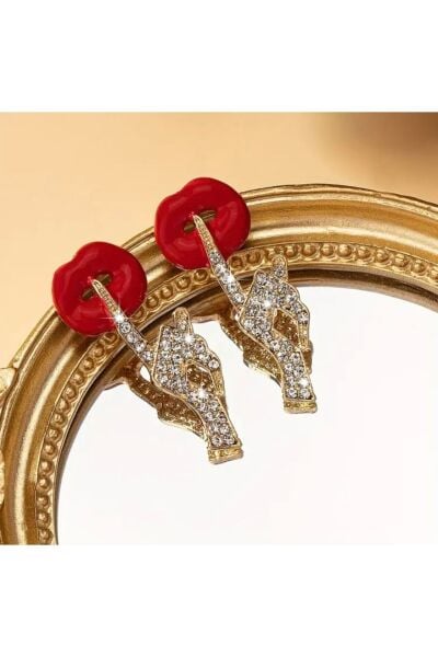 Vanilla Avenue Bohem Kırmızı Dudak Şeklinde Işıltılı Taşlı Günlük Kullanım Kadın Küpe