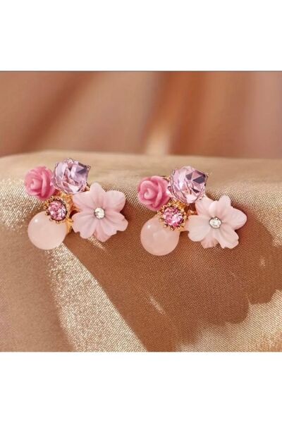 Vanilla Avenue Pembe Retro Mor Çiçek Tasarımlı Zarif Günlük Kullanım Kadın Küpe