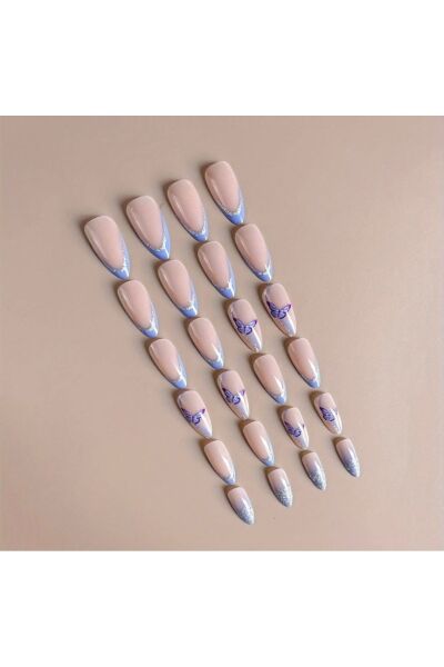 Vanilla Avenue Badem Kesim Mavi Kelebek Parlak Bitiş Kendinden Yapışkanlı Takma Tırnak 24 Adet