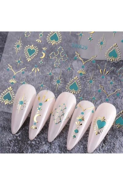 Vanilla Avenue Turkuaz Bohem Tırnak Çıkartmaları Simli Kalpli Tırnak Süsleri