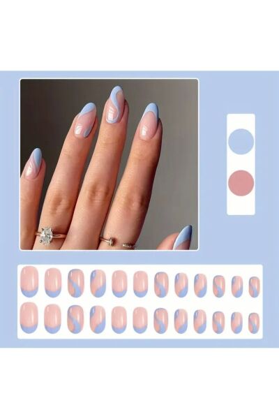 Vanilla Avenue Sevimli Badem Mavi Fransız Dalgalı Kendinden Yapışkanlı Takma Tırnak 24 Adet