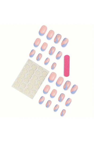 Vanilla Avenue Sevimli Badem Mavi Fransız Dalgalı Kendinden Yapışkanlı Takma Tırnak 24 Adet