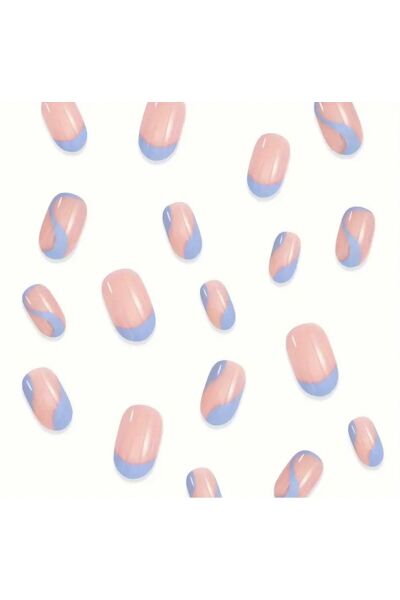 Vanilla Avenue Sevimli Badem Mavi Fransız Dalgalı Kendinden Yapışkanlı Takma Tırnak 24 Adet