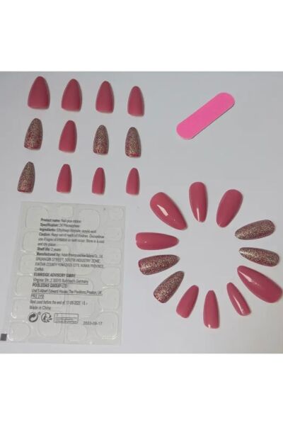 Vanilla Avenue Koyu Pembe Simli Badem Kendinden Yapışkanlı Takma Tırnak 24 Adet