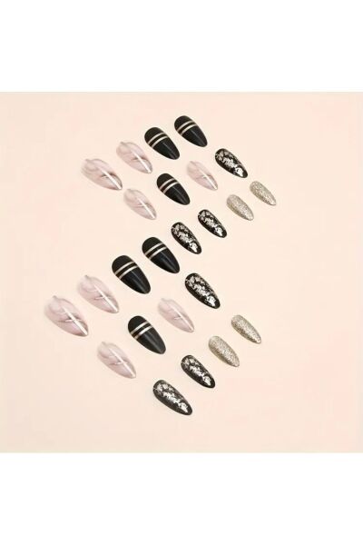Vanilla Avenue Şık Siyah Stiletto Kesim Parıltılı Kendinden Yapışkanlı Takma Tırnak 24 Adet Siyah