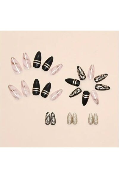 Vanilla Avenue Şık Siyah Stiletto Kesim Parıltılı Kendinden Yapışkanlı Takma Tırnak 24 Adet Siyah
