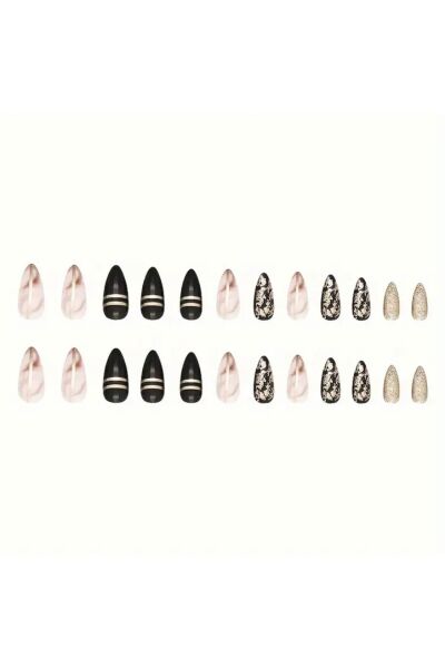 Vanilla Avenue Şık Siyah Stiletto Kesim Parıltılı Kendinden Yapışkanlı Takma Tırnak 24 Adet Siyah