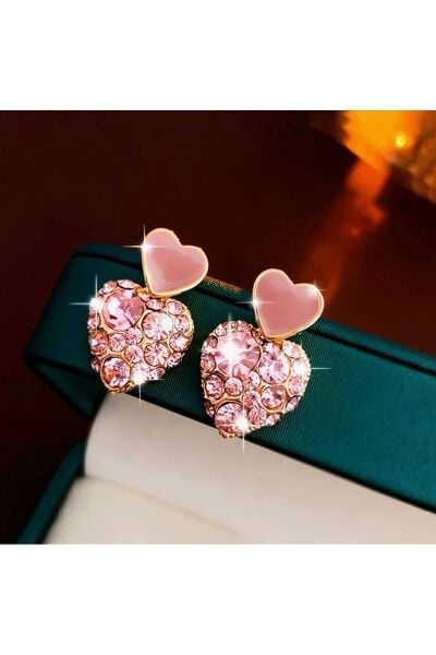 Vanilla Avenue Pembe Kalp Detaylı Işıltılı 925 Gümüş Kaplama Sallantılı Günlük Kadın Küpe