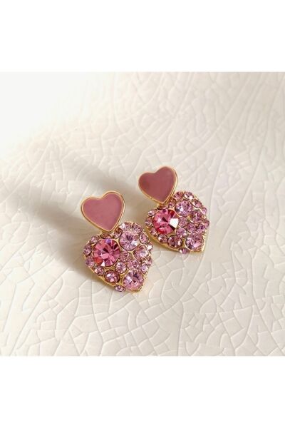 Vanilla Avenue Pembe Kalp Detaylı Işıltılı 925 Gümüş Kaplama Sallantılı Günlük Kadın Küpe