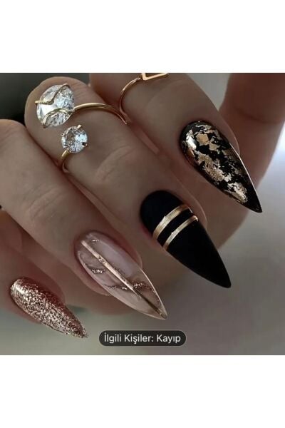 Vanilla Avenue Şık Siyah Stiletto Kesim Parıltılı Kendinden Yapışkanlı Takma Tırnak 24 Adet Siyah