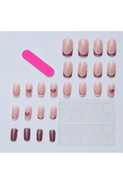 Vanilla Avenue Pembe Kısa Kalp ve Sim Detaylı Kendinden Yapışkanlı Takma Tırnak 24 Adet