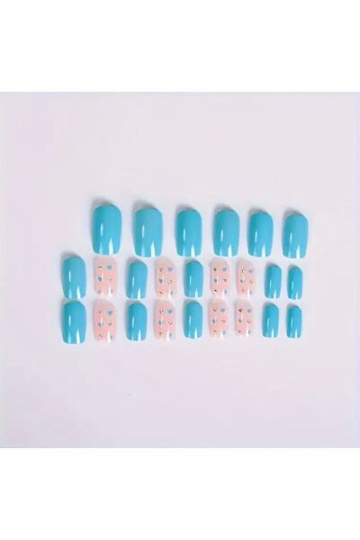 Vanilla Avenue Mavi Kısa Kare Kalp Desenli Işıltılı Kendinden Yapışkanlı Takma Tırnak 24 Adet