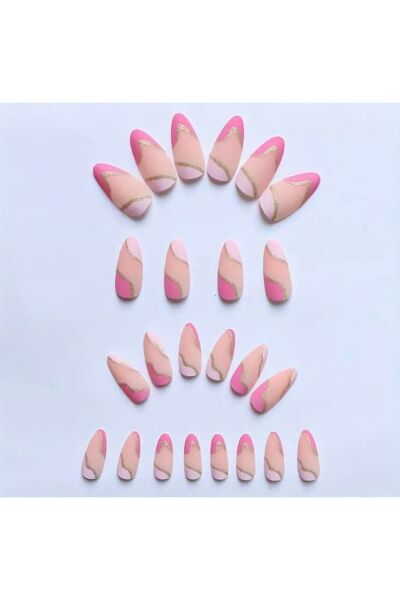 Vanilla Avenue Badem Kesim Pembe Altın Çizgili Kendinden Yapışkanlı Takma Tırnak 24 Adet