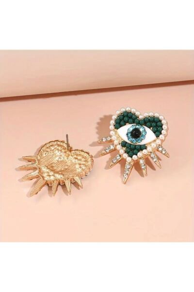 Vanilla Avenue Vintage Kalp Şeklinde Nazar Boncuğu Göz Detaylı Taşlı Kadın Küpe