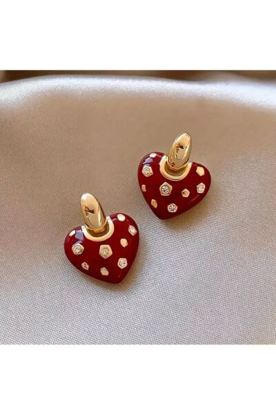 Moon Home Collection Kırmızı Kalp Şekilli Taşlı Rhinestone Sallantılı Kadın Küpe Kırmızı Tek Ebat  Kadın / Kız