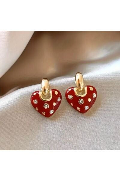 Moon Home Collection Kırmızı Kalp Şekilli Taşlı Rhinestone Sallantılı Kadın Küpe Kırmızı Tek Ebat  Kadın / Kız