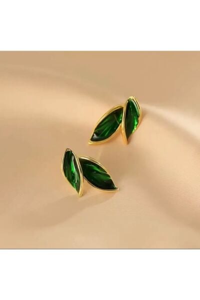 Vanilla Avenue Vintage Tarzı Yeşil Yaprak Modeli Parlak Günlük Kullanım Kadın Küpe