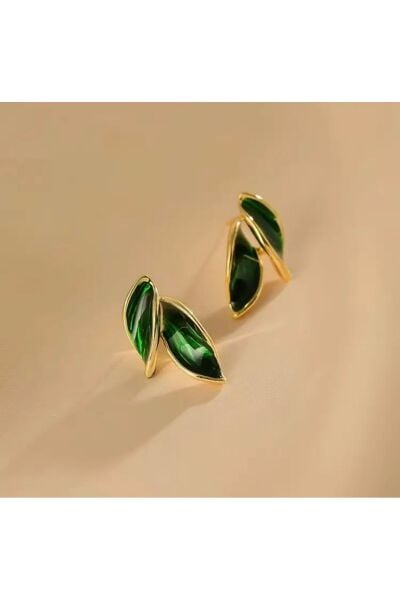 Vanilla Avenue Vintage Tarzı Yeşil Yaprak Modeli Parlak Günlük Kullanım Kadın Küpe