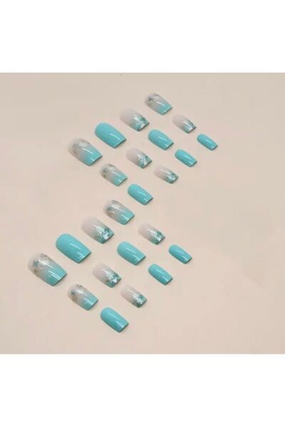 Vanilla Avenue Turkuaz Gradyan Tasarım Kare Simli Kare Kendinden Yapışkanlı Takma Tırnak 24 Adet