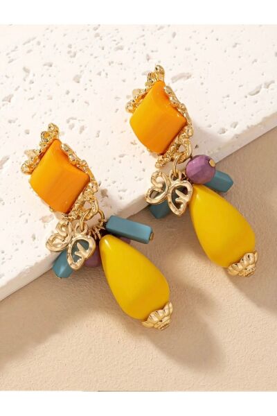 Vanilla Avenue Altın Sarısı Renkli Vintage Zarif Vintage Reçine Sallantılı Kadın Küpe