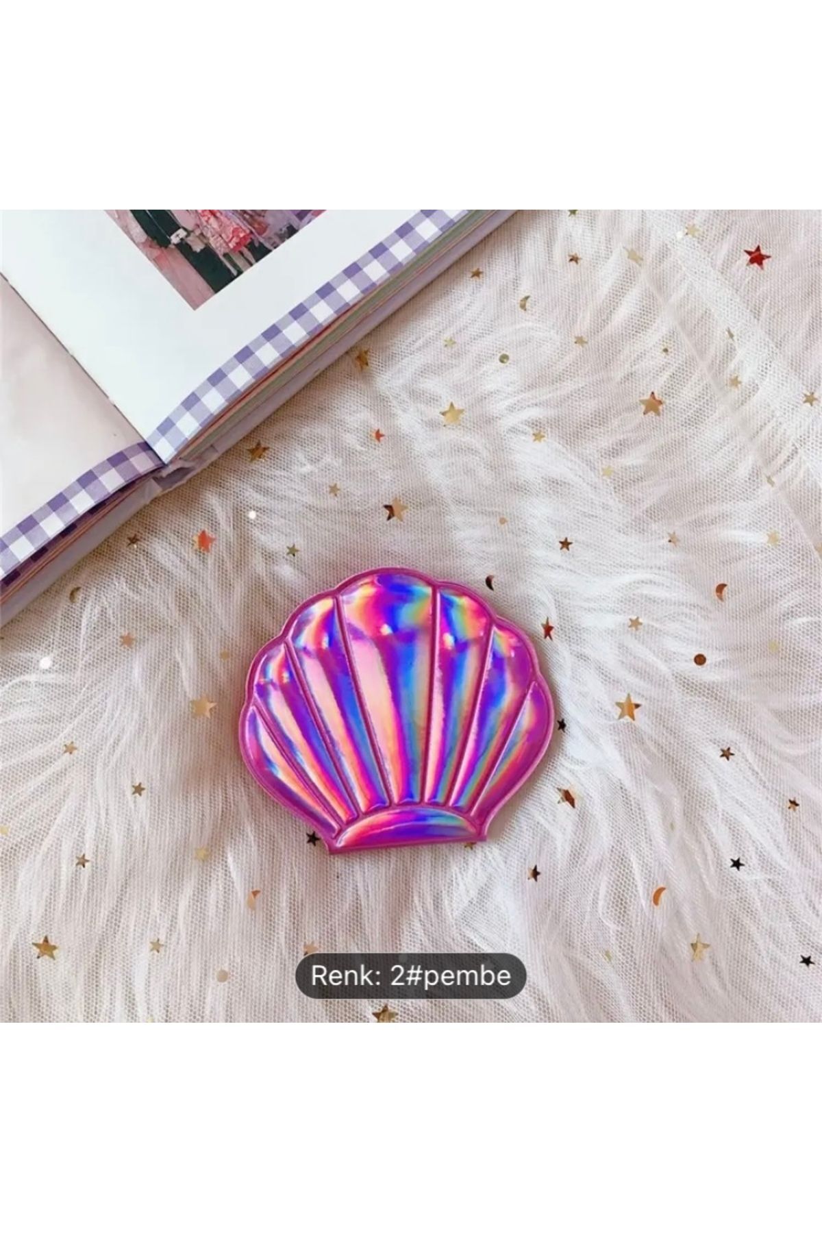 Moon Home Collection Pembe Yıldız Tozlu Parıltılı Çift Taraflı Kompakt Mini Makyaj El Aynası Pembe  8 x 8
