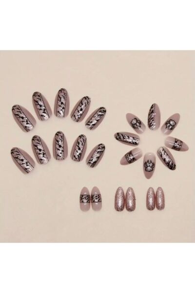 Vanilla Avenue Pembe Simli Leoparlı Badem Kendinden Yapışkanlı Takma Tırnak 24 Adet