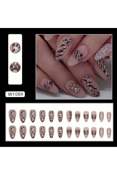 Vanilla Avenue Pembe Simli Leoparlı Badem Kendinden Yapışkanlı Takma Tırnak 24 Adet