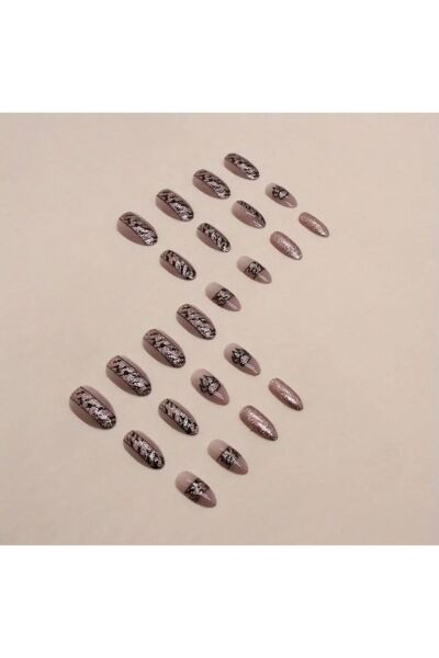 Vanilla Avenue Pembe Simli Leoparlı Badem Kendinden Yapışkanlı Takma Tırnak 24 Adet