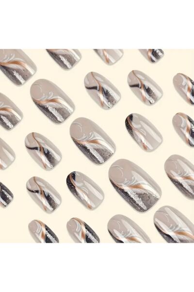 Vanilla Avenue Soğuk Temalı Orta Badem Gümüş Şerit Kendinden Yapışkanlı Takma Tırnak 24 Adet