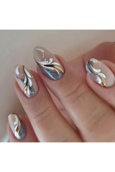 Vanilla Avenue Soğuk Temalı Orta Badem Gümüş Şerit Kendinden Yapışkanlı Takma Tırnak 24 Adet