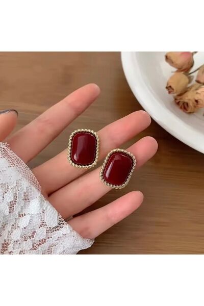 Vanilla Avenue Şık Vintage Esintili Kırmızı Geometrik Kare Günlük Kullanım Kadın Küpe