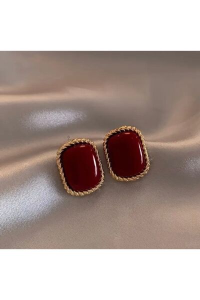 Vanilla Avenue Şık Vintage Esintili Kırmızı Geometrik Kare Günlük Kullanım Kadın Küpe