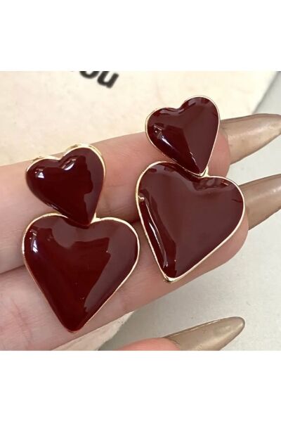 Vanilla Avenue Bordo Vintage Fransız Tarz Çift Kalpli Sallantılı Romantik Kadın Küpe