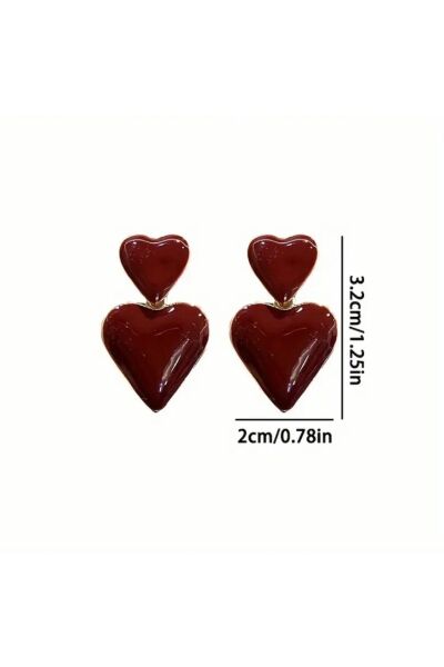 Vanilla Avenue Bordo Vintage Fransız Tarz Çift Kalpli Sallantılı Romantik Kadın Küpe