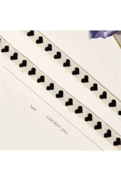 Vanilla Avenue Siyah Kalp Şeritli Sevimli Düz Ayakkabı Bağcıkları 1 Çift  120 cm