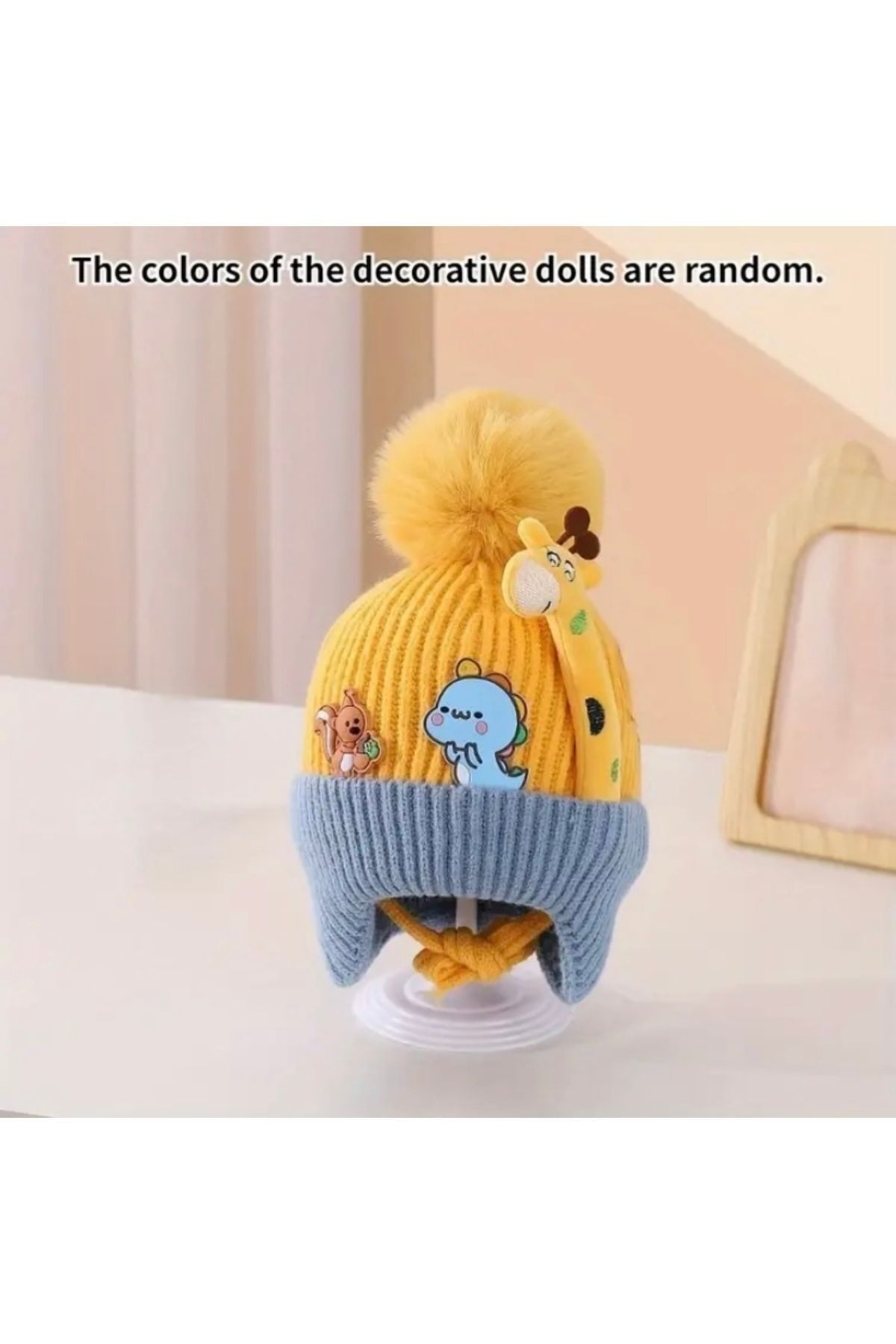 Moon Home Collection Unisex Karikatür Desenli Örgü Kapalı Kulaklıklı Esnek Çocuk Beresi Sarı 0-3 Yaş  Unisex