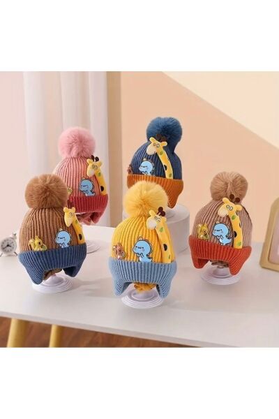Moon Home Collection Unisex Karikatür Desenli Örgü Kapalı Kulaklıklı Esnek Çocuk Beresi Mavi 0-3 Yaş  Unisex