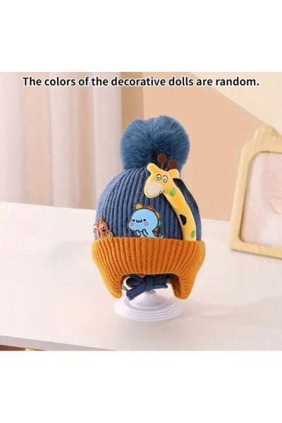 Moon Home Collection Unisex Karikatür Desenli Örgü Kapalı Kulaklıklı Esnek Çocuk Beresi Mavi 0-3 Yaş  Unisex