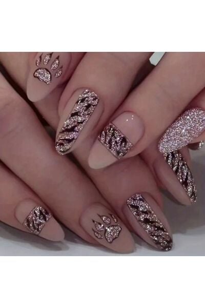 Vanilla Avenue Pembe Simli Leoparlı Badem Kendinden Yapışkanlı Takma Tırnak 24 Adet Pembe