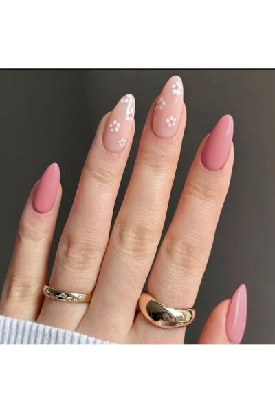 Vanilla Avenue Pembe Badem Kesim Çiçekli Kendinden Yapışkanlı Takma Tırnak 24 Adet