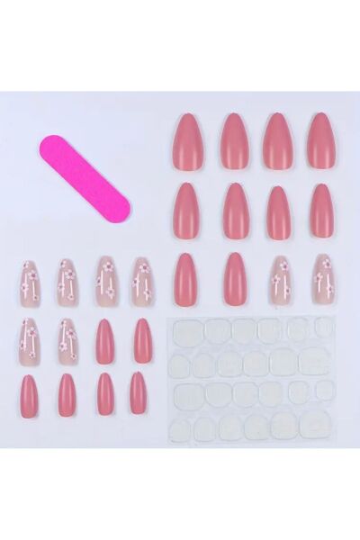 Vanilla Avenue Pembe Badem Kesim Çiçekli Kendinden Yapışkanlı Takma Tırnak 24 Adet