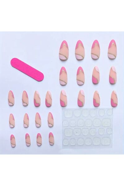 Vanilla Avenue Badem Kesim Pembe Altın Çizgili Kendinden Yapışkanlı Takma Tırnak 24 Adet Pembe